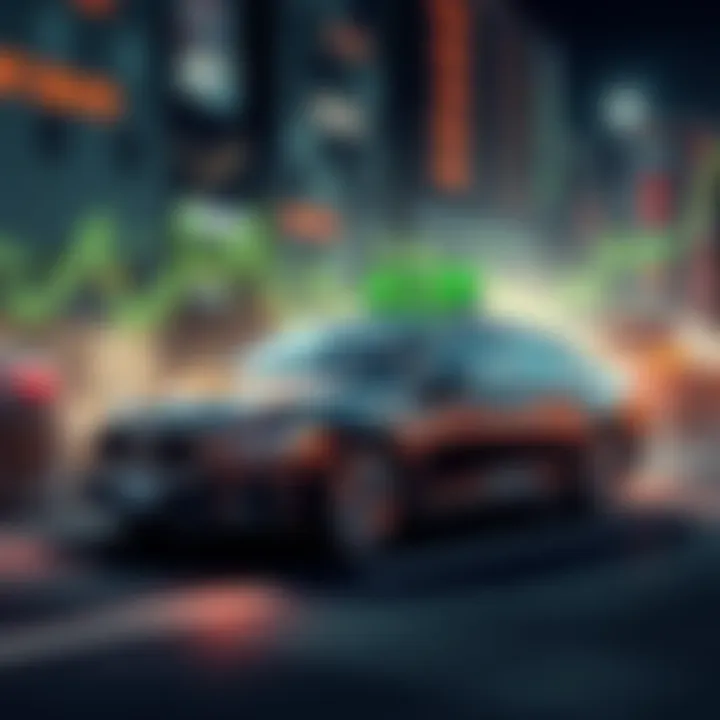 Illustration showing stock graphs merging with an Uber car, symbolizing the connection between stock markets and ride-sharing dynamics.