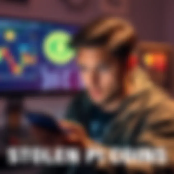 A person looks worried while checking their digital wallet on a smartphone, with a background showing a computer screen displaying cryptocurrency graphics.