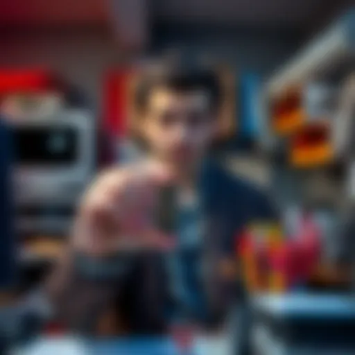A person holding a strange object found at their workplace, looking puzzled and curious, surrounded by office supplies.