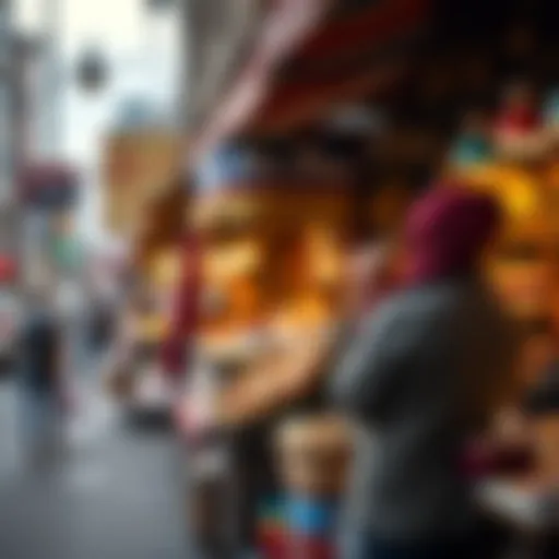 A street vendor showcasing handmade crafts and local products with people browsing nearby