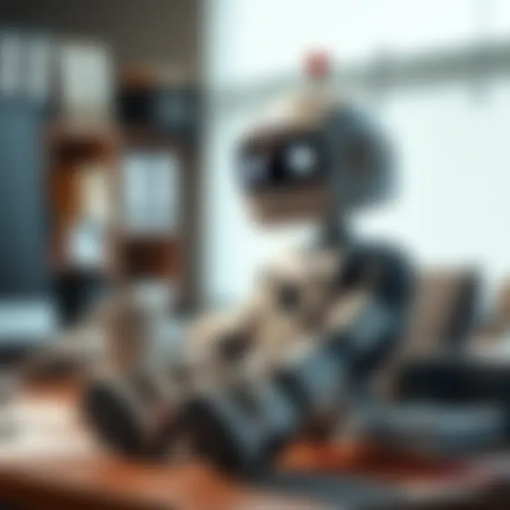 A playful stress-relief robot designed for hitting, sitting on a desk with a cheerful expression, surrounded by office supplies like papers and a coffee mug.