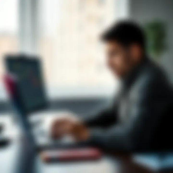 Stressed Investor Checking Portfolio A person sitting at a desk with a laptop, looking worried while checking their investment portfolio on the screen, showing static graphs, symbolizing stagnation in investments.