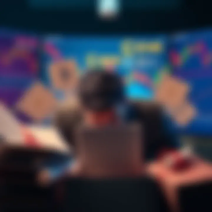 A person looking overwhelmed surrounded by diplomas and fluctuating cryptocurrency charts on a computer screen