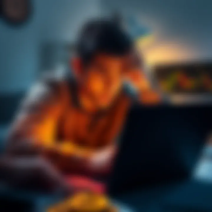 A worried individual looking at Bitcoin charts on a laptop, with financial documents scattered around