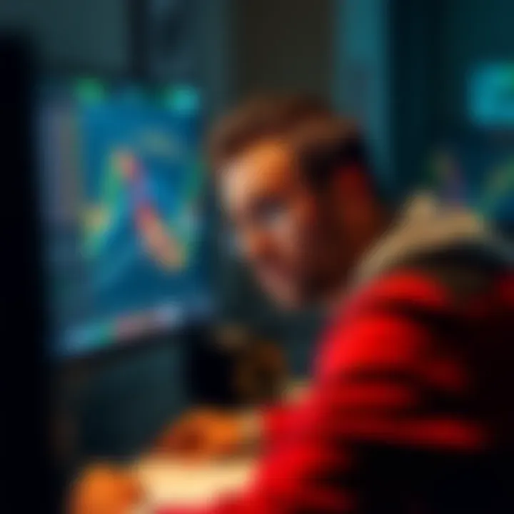 Individual showing signs of stress while viewing Bitcoin investment charts on a computer, illustrating the impact of friends' mockery on financial decisions.