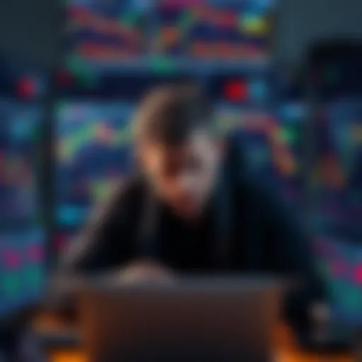 A stressed trader sitting in front of multiple screens showing fluctuating crypto charts, looking frustrated and overwhelmed.
