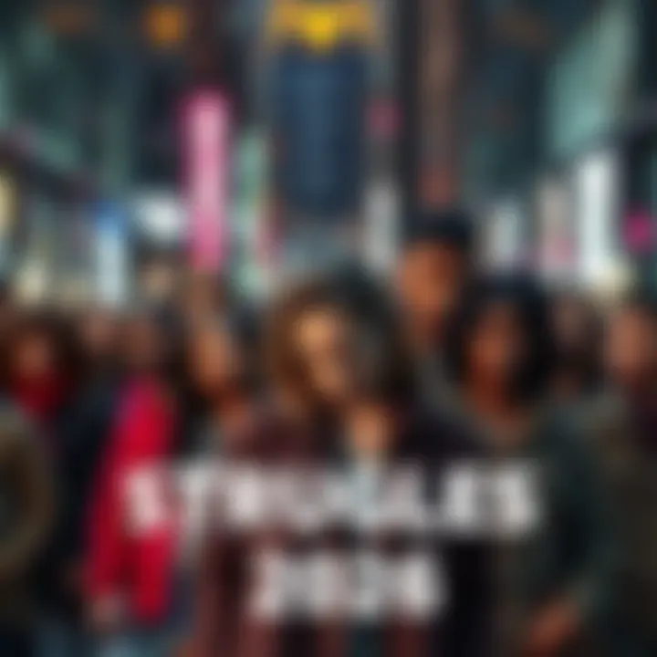 A group of diverse people looking concerned, standing together in a city street reflecting the challenges faced this year.