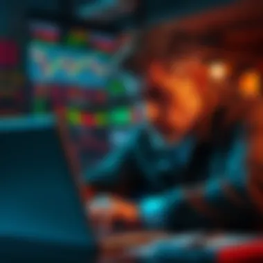 A day trader looking worried while analyzing stock charts on a laptop