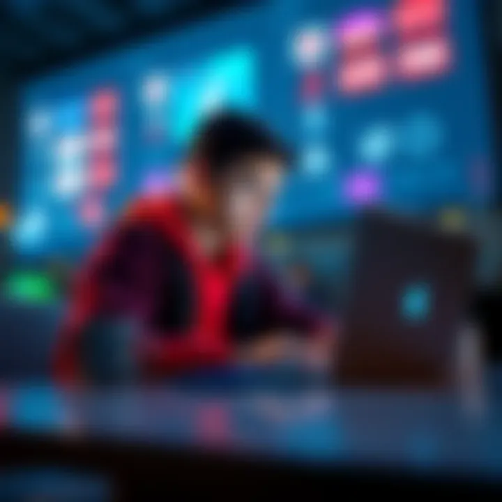 A student looking at a laptop with bank logos on the screen, pondering their banking choices