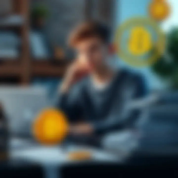 Student contemplating Bitcoin investment A first-year university student from Ontario sitting at a desk with a laptop, looking thoughtful while considering investing student loans in Bitcoin. Financial documents and a Bitcoin logo are visibl...