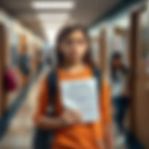 A high school girl stands in a school hallway looking frustrated, holding a dress code notice. Other students chat in the background, highlighting the school environment.