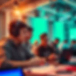 Students collaborating on tech projects at a hackathon, showcasing creativity and teamwork.