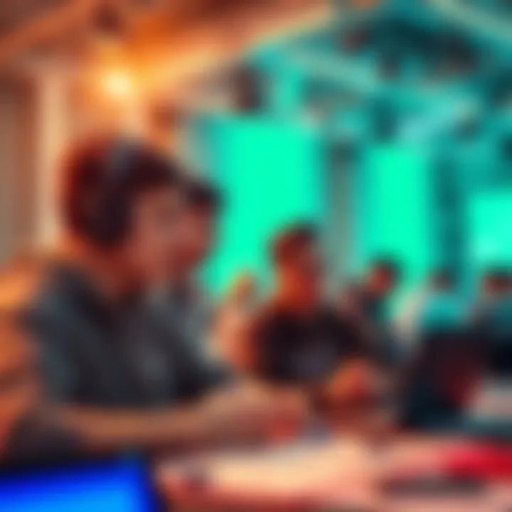 Students collaborating on tech projects at a hackathon, showcasing creativity and teamwork.