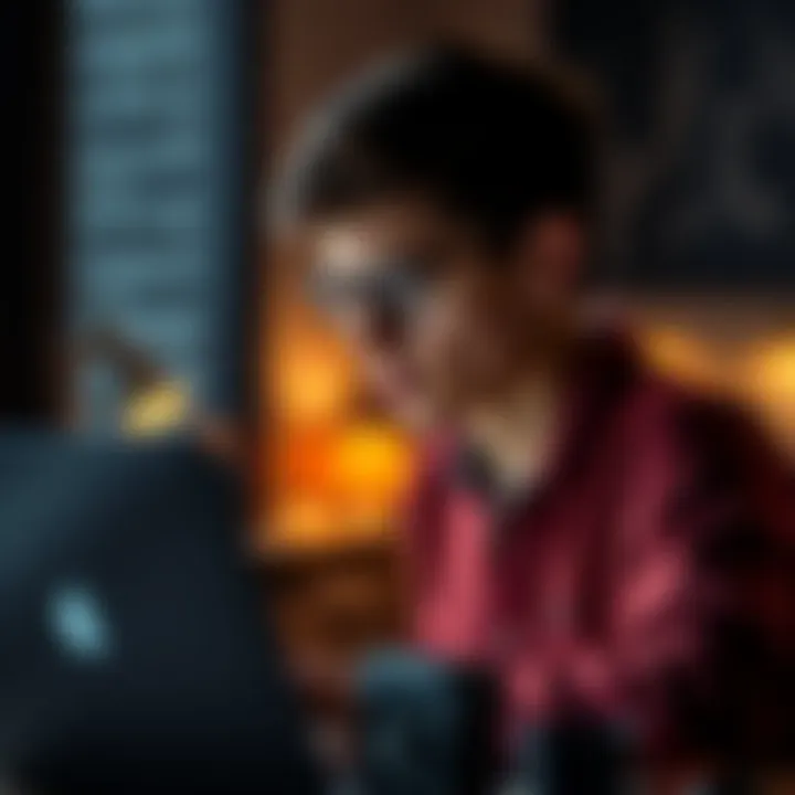Student Considering Bitcoin Investment A college student looks at his laptop, contemplating whether to invest his college refund in Bitcoin or choose safer options like a Roth IRA.