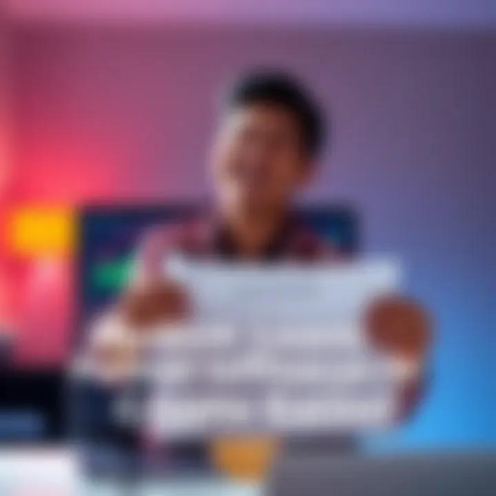 A cheerful person standing in front of a laptop with cryptocurrency graphs, holding a document labeled 'Loan Paid Off'