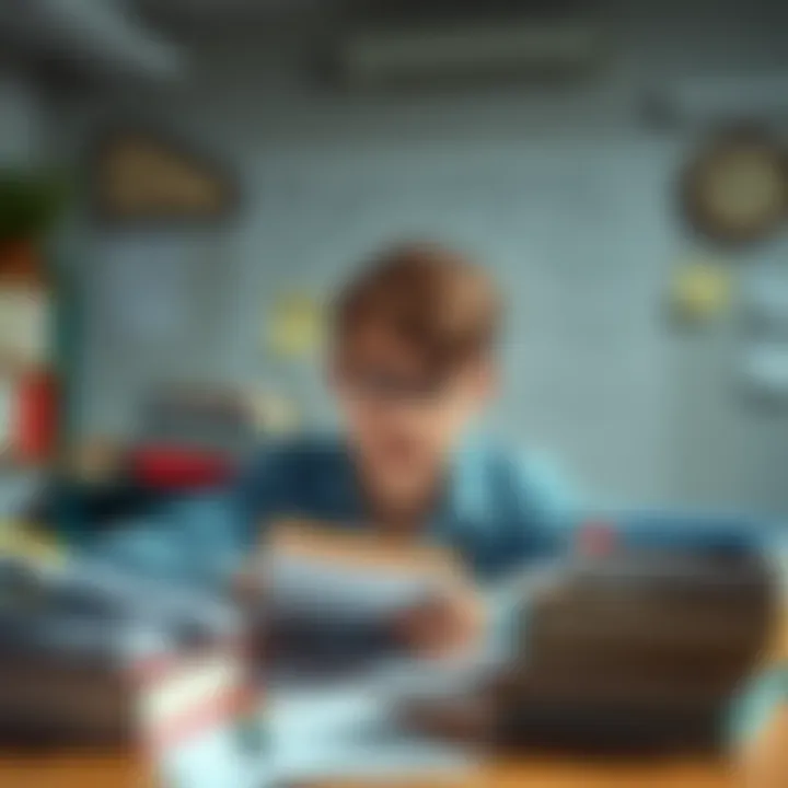High school student looking confused while studying Non-Linear Mathematics with books and notes scattered around