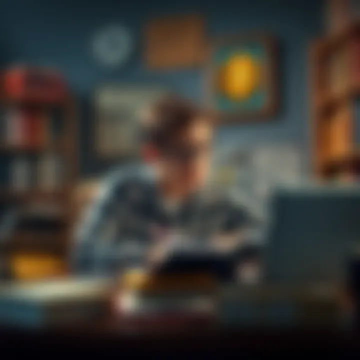 A student focused on writing an essay about Bitcoin, surrounded by books and a laptop, symbolizing academic exploration of cryptocurrency.