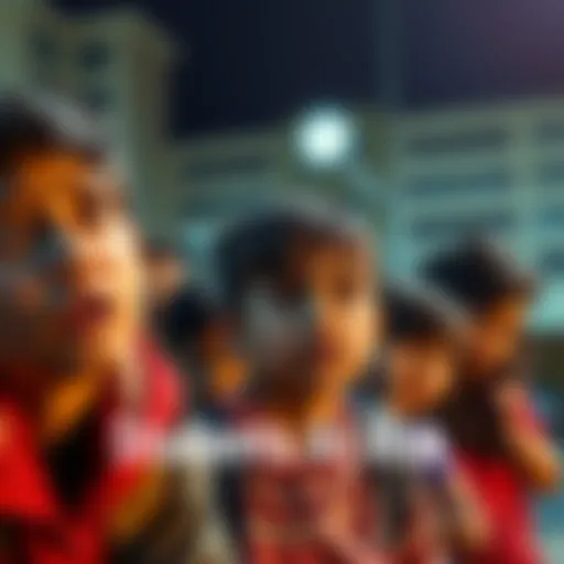 A group of concerned students looking worried, symbolizing the dangers they face due to policy failures, with a backdrop of a school.