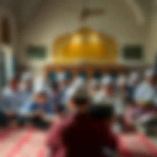 A group of students engaged in studying religious texts in a madrasa classroom, showcasing the importance of education in shaping beliefs.
