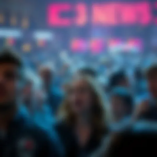 Stunned Crowd A crowd of people looking shocked and surprised at a news event, with expressions of disbelief on their faces.