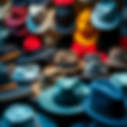 A collection of different hats including caps, beanies, and fedoras, arranged neatly for sale
