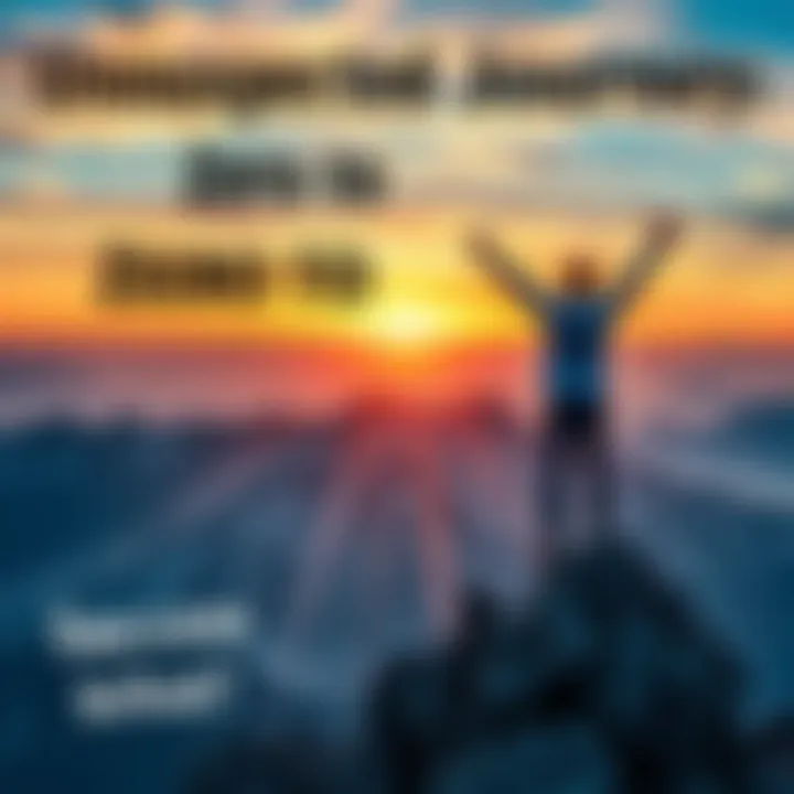 Person reaching a mountain peak Individual celebrating success at the top of a mountain after overcoming challenges