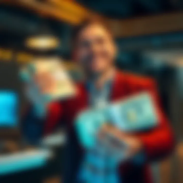 A happy investor holding a stack of cash, symbolizing financial success and investment achievement.