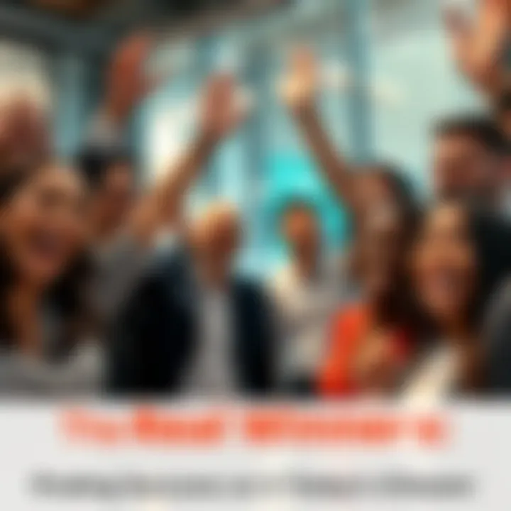 Successful People Celebrating A diverse group of people smiling and celebrating their achievements, showcasing teamwork and resilience in a modern setting.