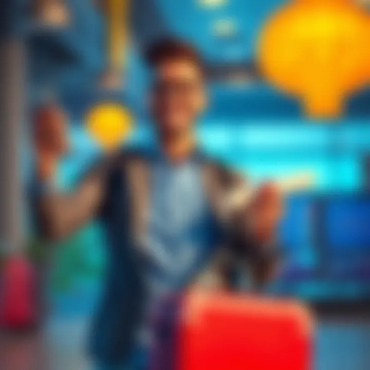 An XRP investor celebrating a big profit, holding a smartphone showing rising chart trends, with a suitcase and travel essentials in the background symbolizing a planned trip, and a diploma in hand representing cleared student debt.