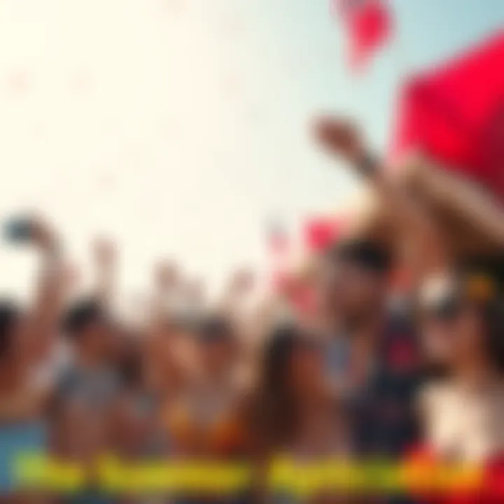 A bright summer scene with people celebrating and looking forward to the arrival of an ATH, with clear skies and vibrant colors.