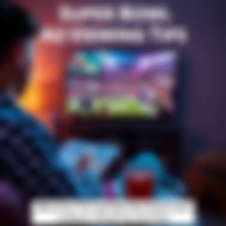 A person watching Super Bowl commercials on a TV while taking notes, with a snack and drinks nearby.