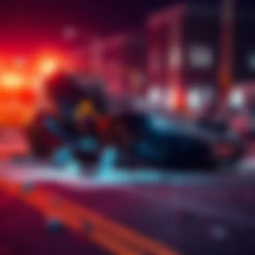 A wrecked supercar at the site of an accident, surrounded by emergency responders and debris.