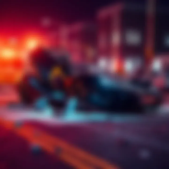 A wrecked supercar at the site of an accident, surrounded by emergency responders and debris.