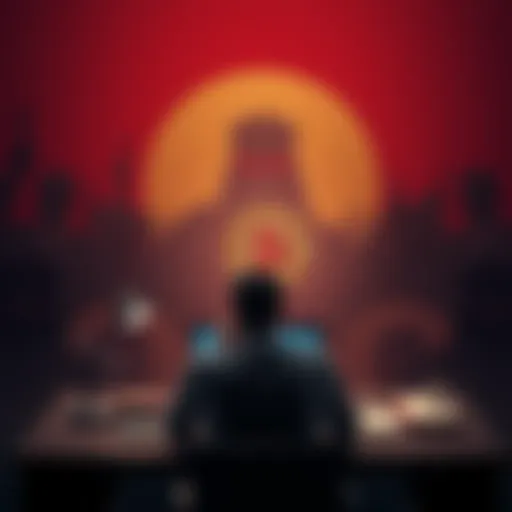 A person sitting at a desk with a laptop, displaying a Bitcoin logo, surrounded by shadowy images of oppressive government symbols.