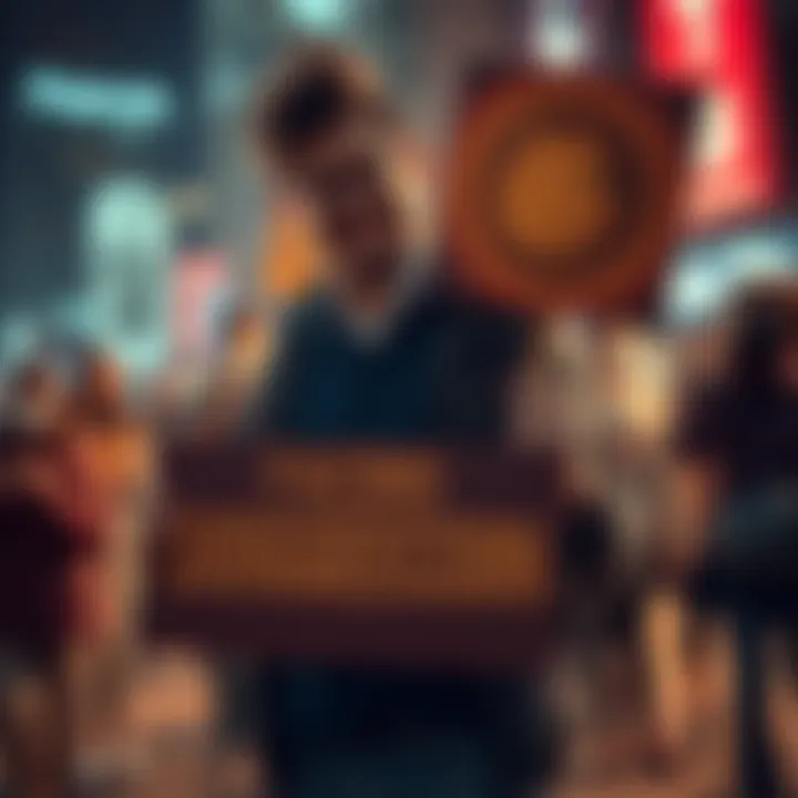 A determined person holding a Dogecoin sign, standing strong against criticism, with a confident smile.