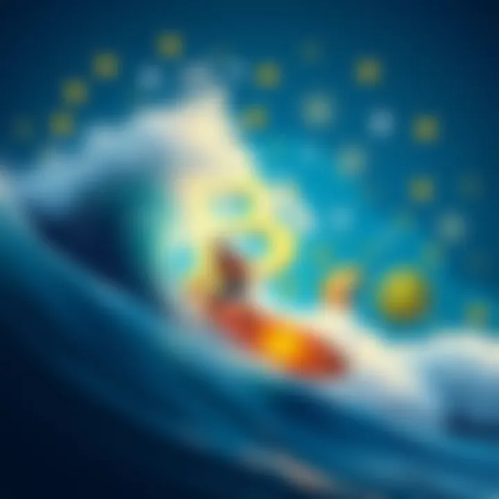 Surfer on a wave with cryptocurrency symbols A surfer riding a large wave with various cryptocurrency symbols in the background, representing the surge of meme coins