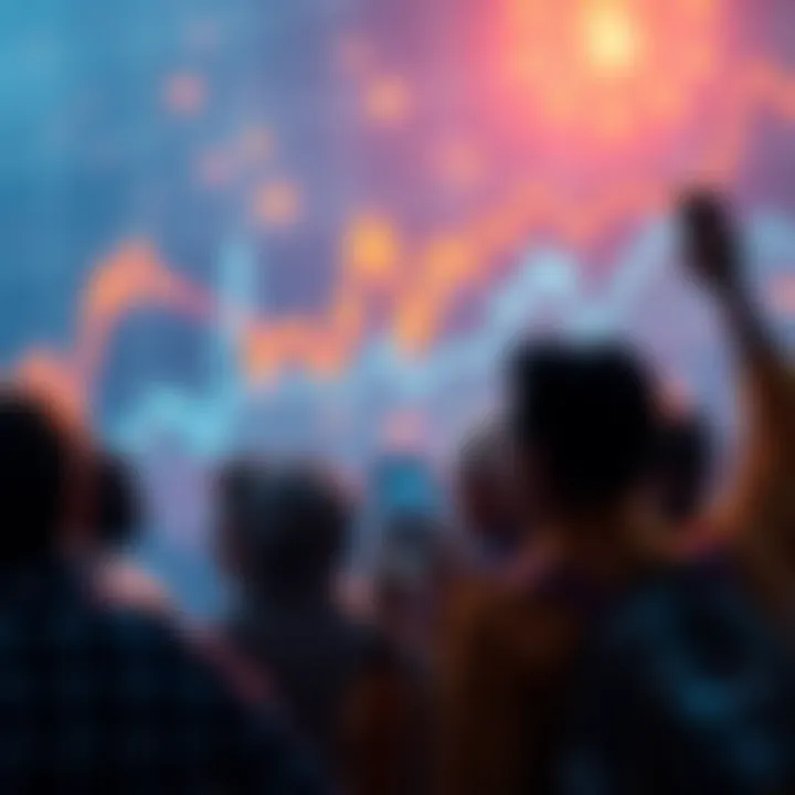 A graph showing rising cryptocurrency prices with excited people looking at their smartphones, symbolizing newfound interest in digital currency.