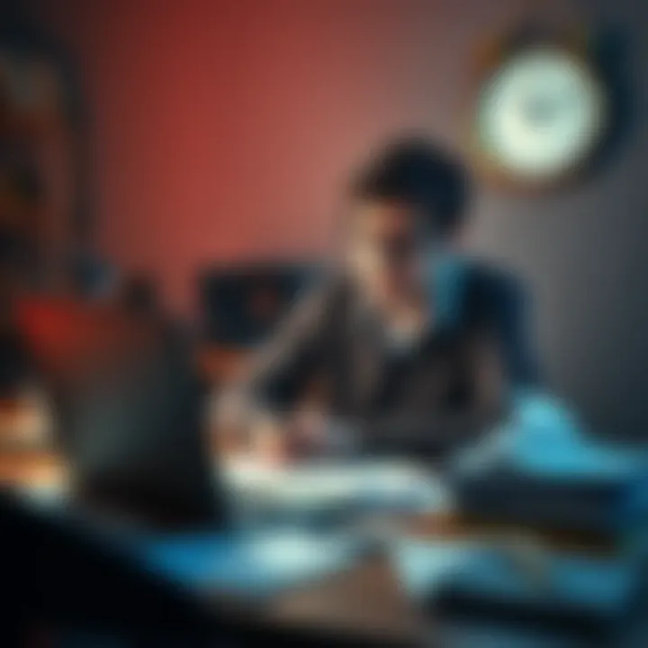 A person looking annoyed while filling out a long survey on a laptop, surrounded by papers and a clock showing time passing