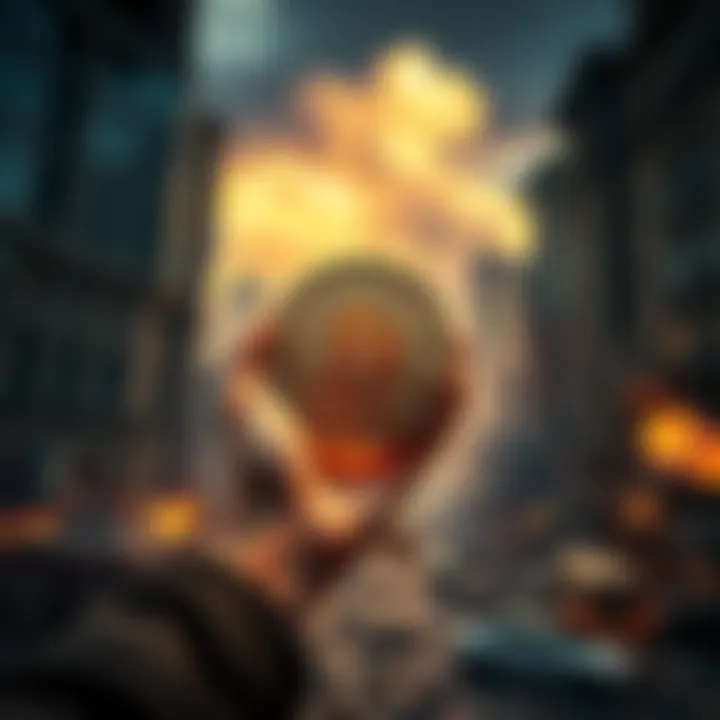 A person holding a Bitcoin seed phrase in a chaotic city scene with destruction around them