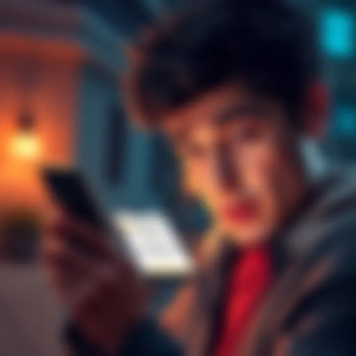 A worried person looking at a phone displaying a suspicious message about API keys and Ledger Live.