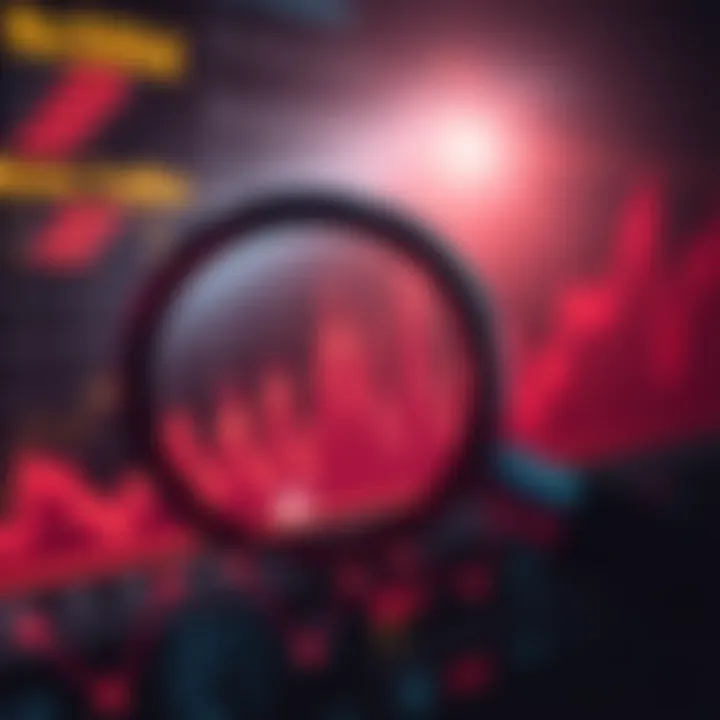 A graph showing unexpected spikes in web traffic for inactive crypto exchanges, with a magnifying glass overlay symbolizing analysis and scrutiny.