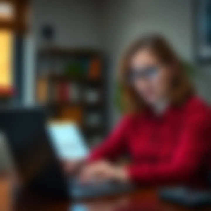 A concerned person reading a suspicious email on their laptop, with a worried expression, in a home office setting.