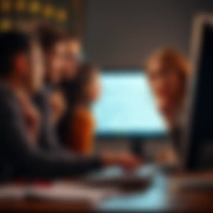 Concerned people discussing a suspicious post A group of people looking at a computer screen, pointing at a suspicious post with poor grammar, showing concern