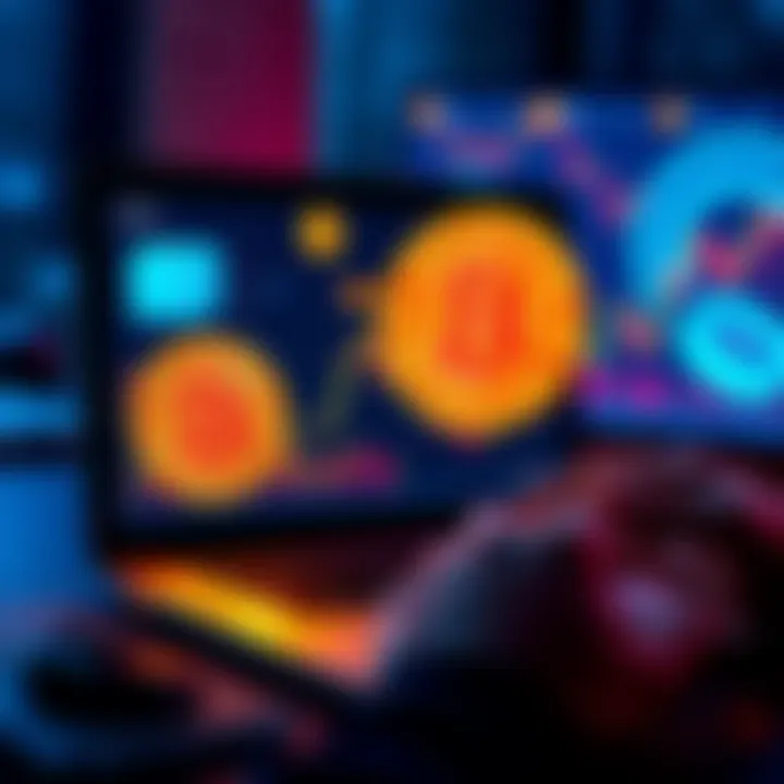A person using a decentralized platform on a laptop to swap Bitcoin for Tether, showing a digital wallet and cryptocurrency graphics in the background.