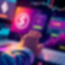 Illustration of a person interacting with a digital exchange interface to swap SOL for USDT, focusing on fees and routes