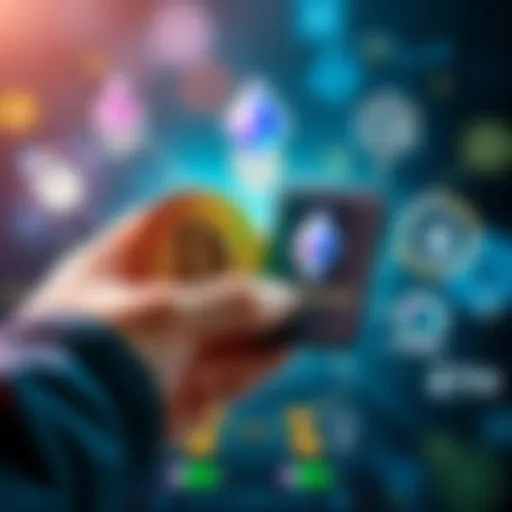 A person using a digital wallet to swap Bitcoin for Ethereum, with symbols of DeFi in the background, including yield farming and secure protocols.