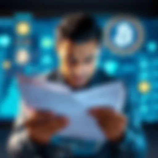 A frustrated person holding a tax document while looking at a digital screen showing cryptocurrency symbols, representing confusion over the tax bill's lack of crypto regulations.