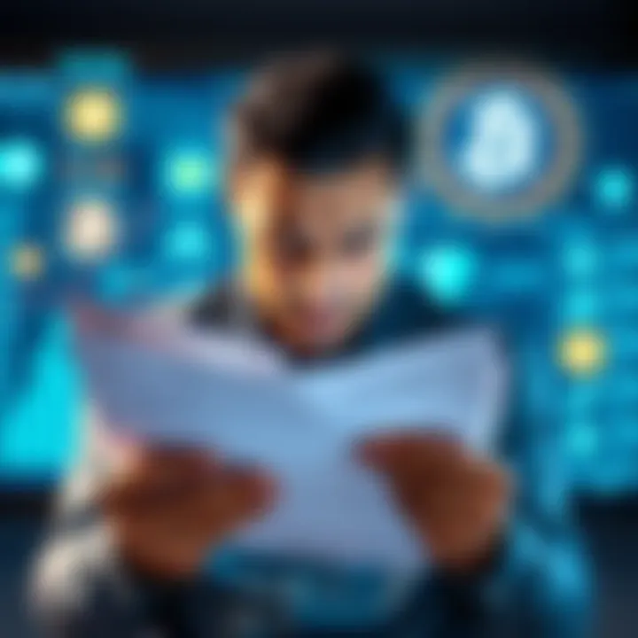 A frustrated person holding a tax document while looking at a digital screen showing cryptocurrency symbols, representing confusion over the tax bill's lack of crypto regulations.