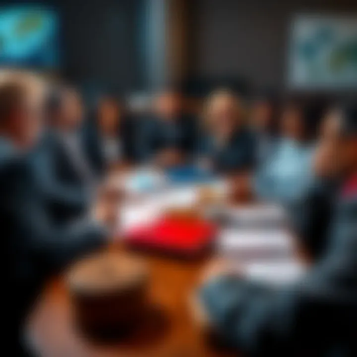 A group of diverse people discussing tax policies with charts and documents on a table, highlighting the wealth gap issue.