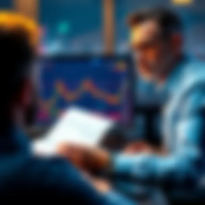 A taxpayer looking at financial documents and a computer screen displaying graphs of cryptocurrency values.